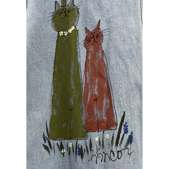 Vtg Women Denim Shirt XL Cats Kitties Handpainted Signed Grannycore  Artsy Boho - Picture 5 of 8